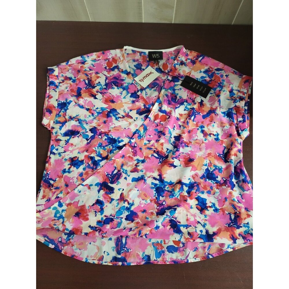 W5 Women's Top Blouse Lightweight Cover size L Cap Sleeve V Neck Wrap sh23" ch22
